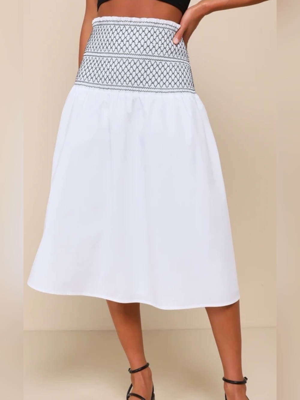 Lulu's White Smocked Waist Midi Skirt with Black Stitching